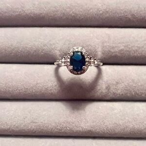 NEW Silver Tone Sapphire And White Cubic Zirconia Ring